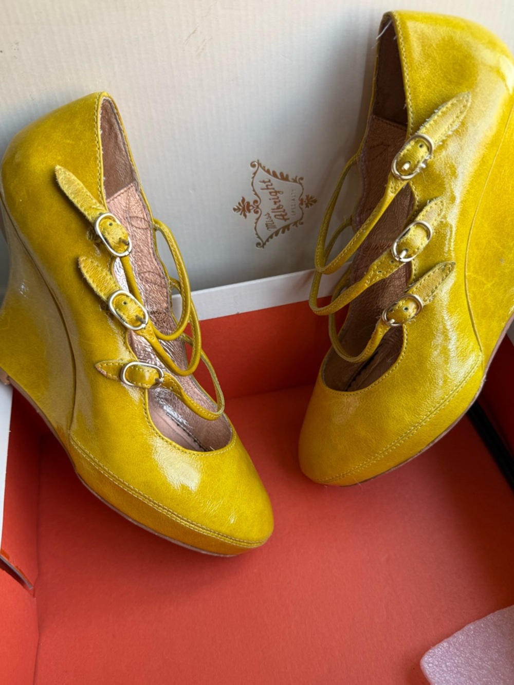 Miss Albright Yellow leather Mary Jane Wedge Heels